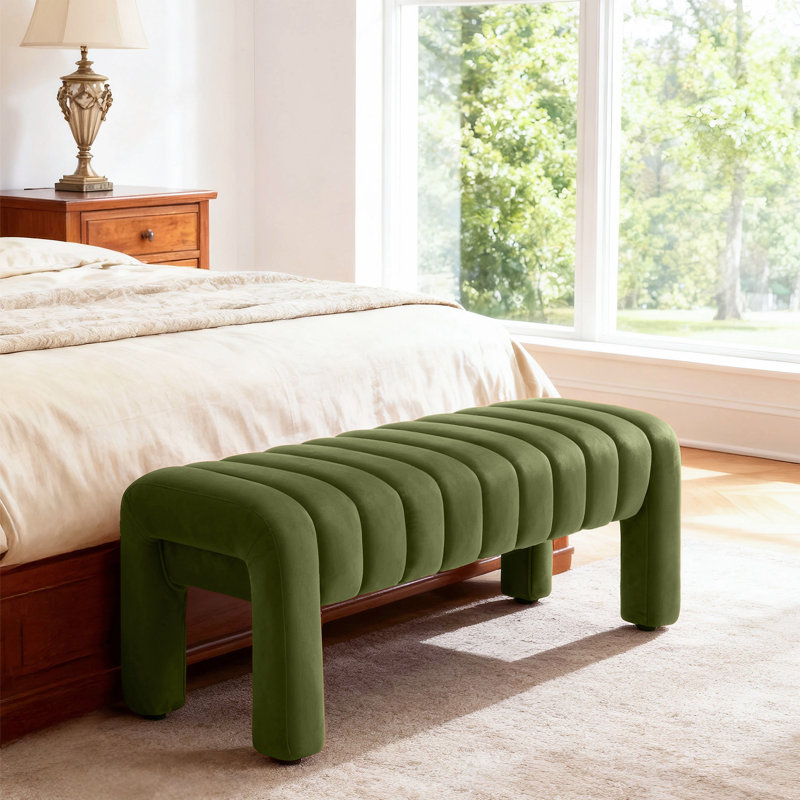 Oyan Modern Channel Tufted Backless Upholstered Bench, 17" H x 43.3" W x 17.3" D, Green Velvet