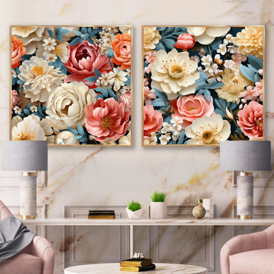 Bouquet printanier motif botanique II - ensemble de 2 collages floraux carrés