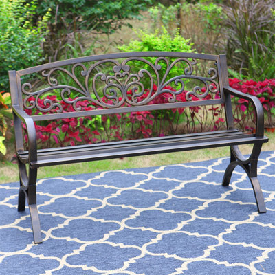 50" Bronze Outdoor Garden Bench with Floral Backrest, Cast Iron Frame, Arch Legs for Patio, Porch, Lawn, and Yard