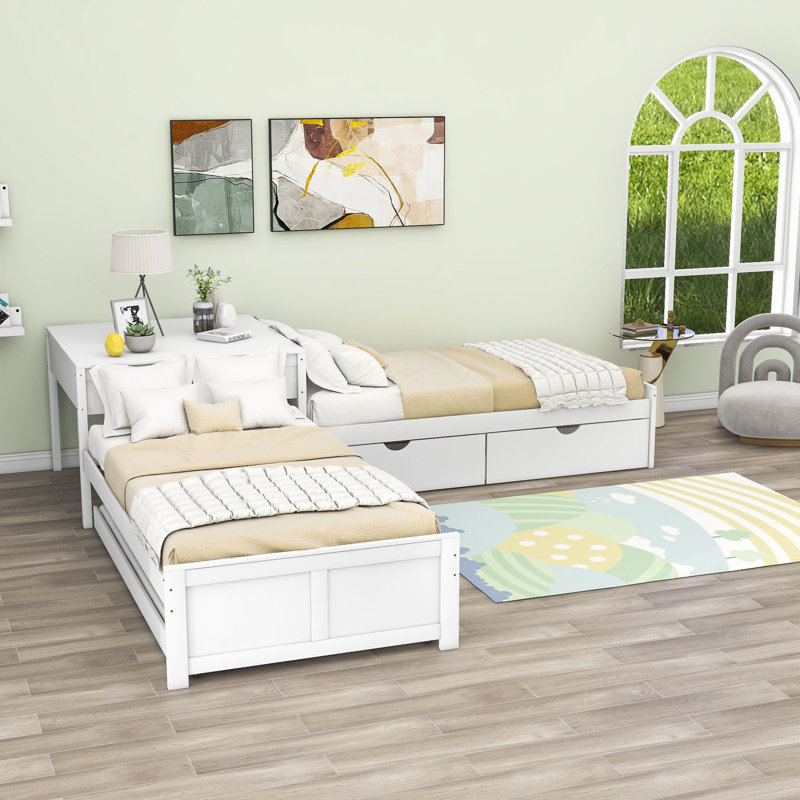 Twin Size 2 Drawers L-shaped Platform Beds with Trundle and Built-in Table, White