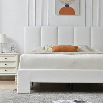 Juanetta 44“ Tall Headboard Linen Upholstered Platform Bed,White,Queen