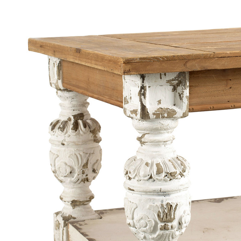 Whitewash Fir Wood Rectangular Coffee Table with Storage and Carved Legs