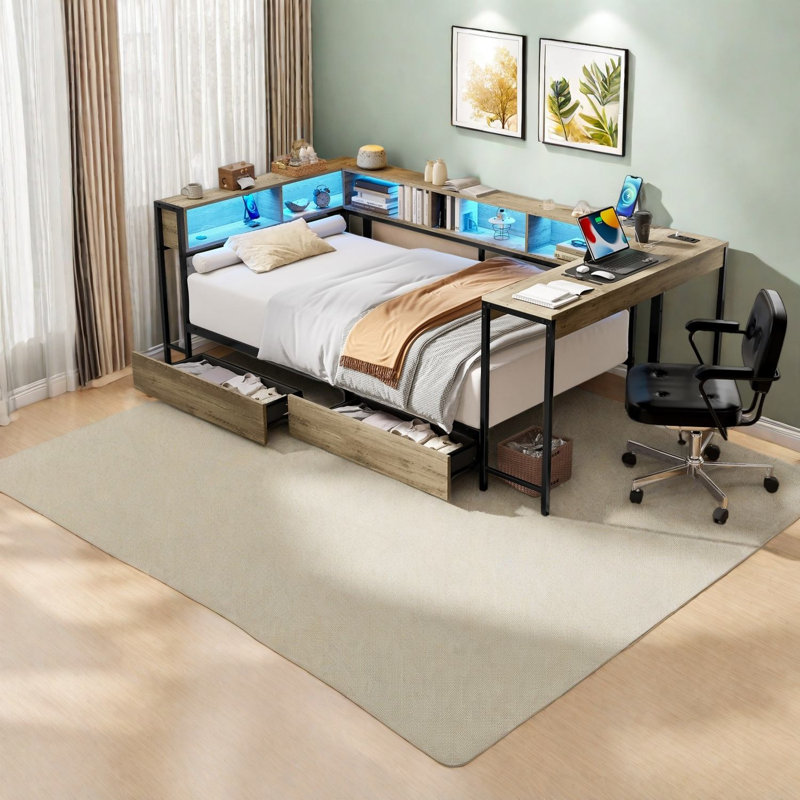 Lit Queen avec rangement, cadre en métal MDF, lit d'angle moderne avec éclairage DEL pour la maison