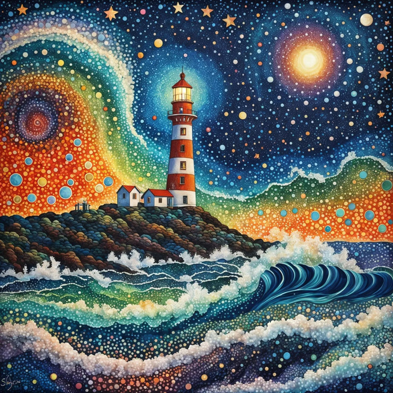 Phare galaxie - paysage marin cosmique vibrant, H 20 po x l 20 po