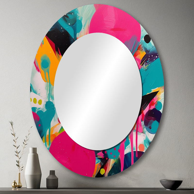 Pink And Turquoise Abstract Enigma I - Pink Modern Oval Wall Mirror, 43" x 33"
