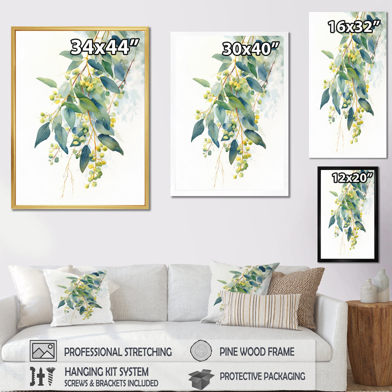 «Green Green Minimalisme Eucalyptus Essence IV» sur toile, Cadre simple argenté, H 40 po x l 30 po x P 1 po