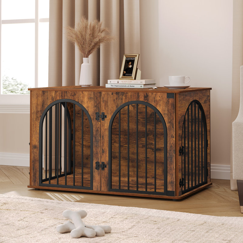 Dog Crate Furniture, Wooden Dog Crate, Indoor Kennel for Small/Medium/Large Dogs, End Side Table Animal Crates, Anti-Chew, Anti-Escape, Arched Door Design