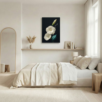 «White Morning Glory», fleurs et sarcelle sur toile noire