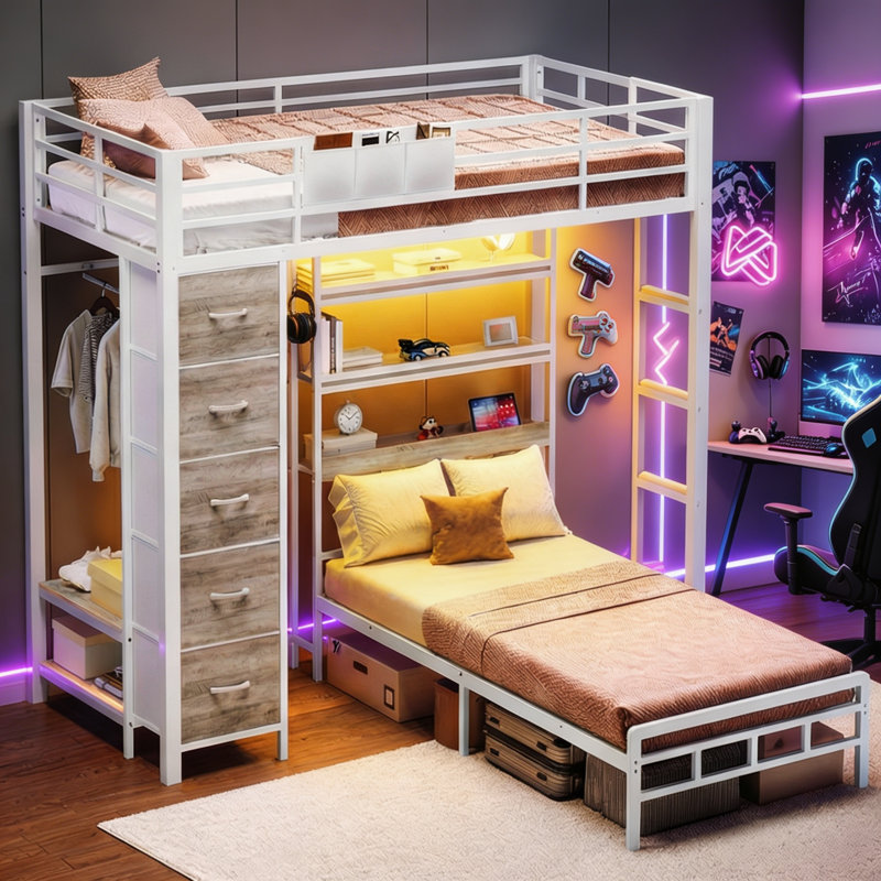 Bunk Bed Twin Over Twin with 3-Tier LED Shelves and Hall Tree Storage, White