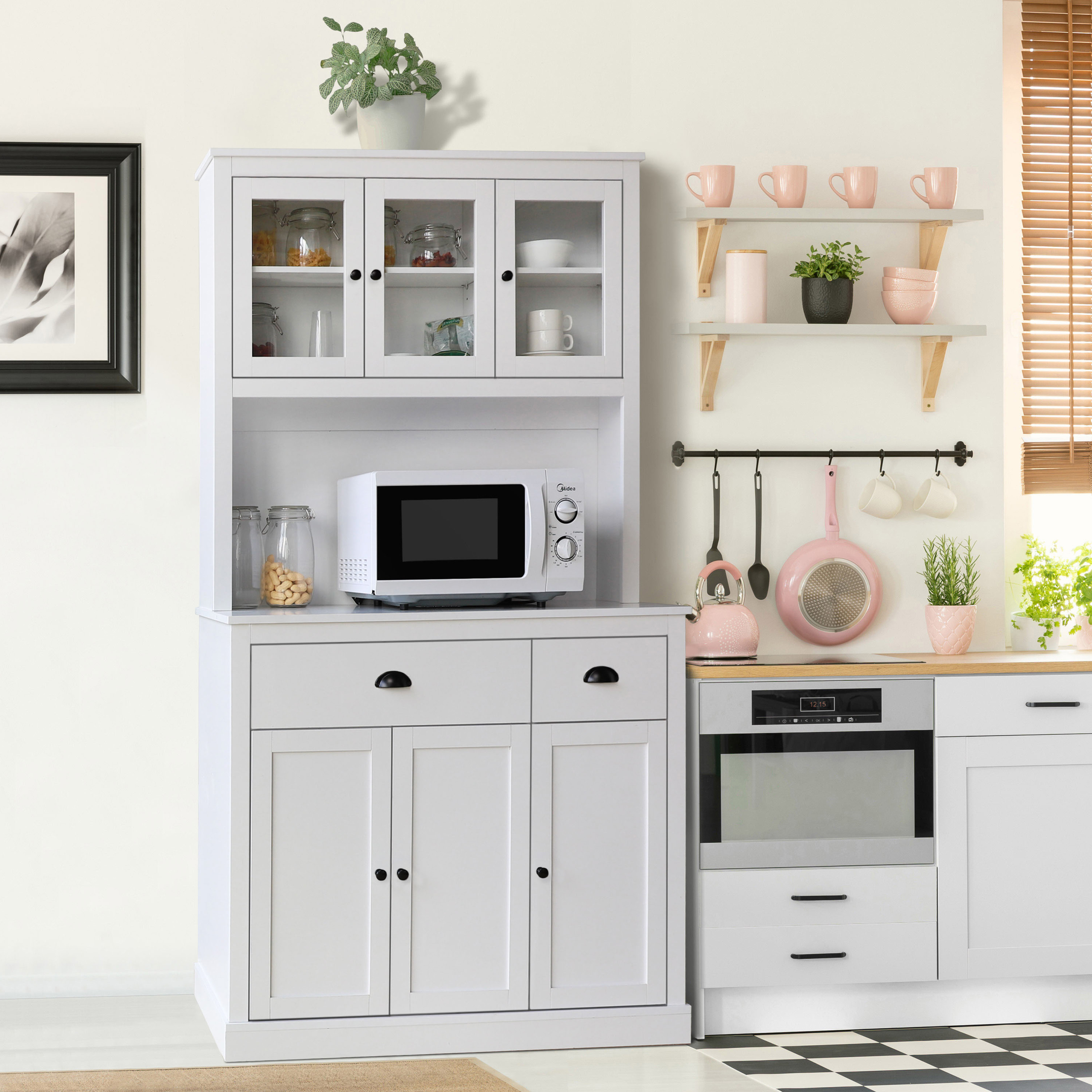 Farmhouse 47” Kitchen Pantry Cabinet, White Freestanding Buffet