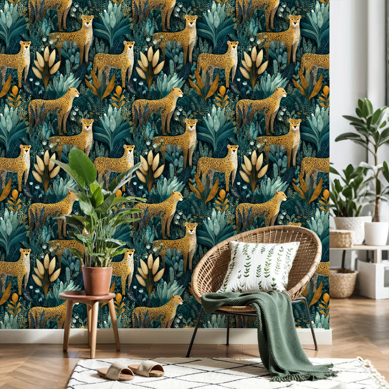 Papier peint adhésif auto-adhésif à motif de fleurs de guépards dans la jungle tropicale, L 118,08 po x l 17,7 po