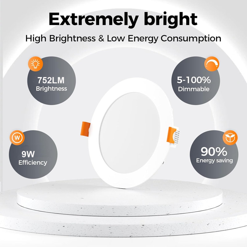 Luminaire encastré ultra-mince à DEL de 4 pouces de 9 W, température de couleur sélectionnable de 5 cct, plafonnier à DEL sans lumière à intensité variable, luminaire à tranche mince pour cuisine, salon, bureau, calibre 2700k-5000k, Etl