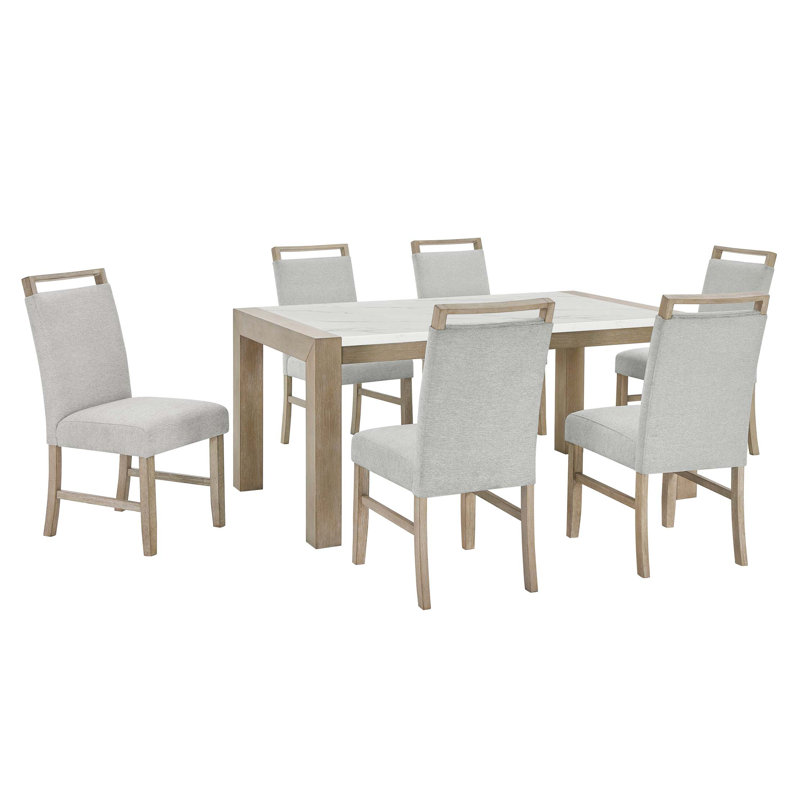 Tabitha 7Pc 66"W Rectangular Faux Marble Top Dining Set, 7 Pieces: Table, 6 Chairs