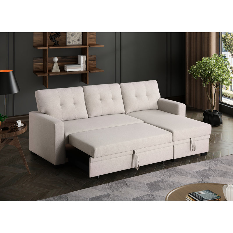 3 - Seat Convertible Upholstered Sectional With Pull Out Chaise And Storage, Beige Linen Main, Foam Filler, Removable Back Cushions, Twin Size Sleeper For Overnight Guests, 82.73 In Width, 54.33