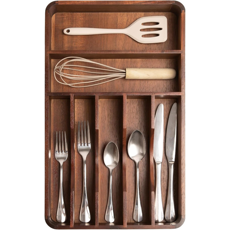 Rangement pour couverts - couverts, ustensiles et porte-ustensiles pour tiroirs de cuisine, largeur fixe de 10,5 po, 7 compartiments de rangement, pieds antidérapants, coins arrondis, bois d'acacia