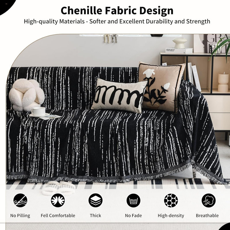 Chenille Box Cushion Sofa Slipcover, Black Abstract