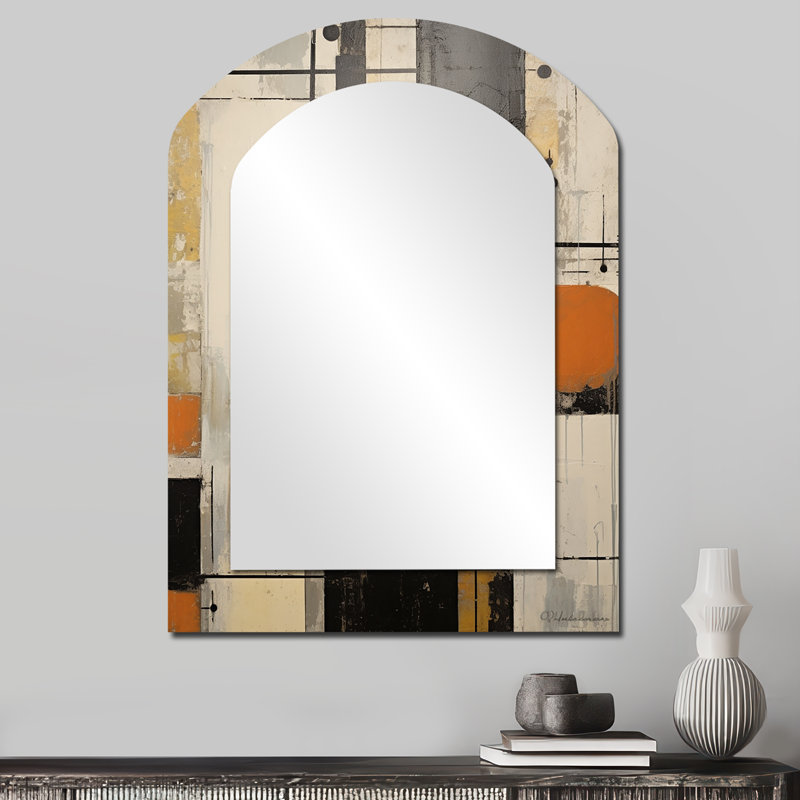Deconstructed Beige Orange Black White - Abstract Shapes Arch Decorative Mirror, Modern Asymmetrical Wall Mirror, Printed Metal Art