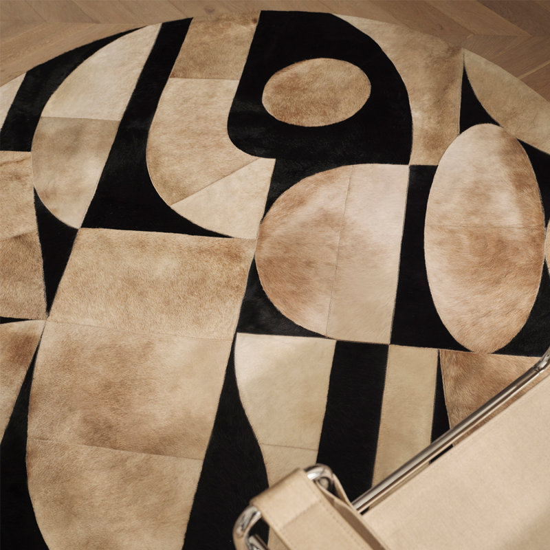 Art Hide X Greg Natale Cowhide Block Print Area Rug, Round 6’6”