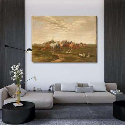 "Paysage avec des chevaux et des vaches dans la prairie par une ferme" par Luplau Janssen - Art mural sur toile tendue avec châssis