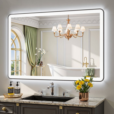 Lunara Independent Dual Backlit&Front Lights LED Wall Mirror, Rounded Corner Matte Black Metal Framed Bathroom Mirror with Tempered Glass