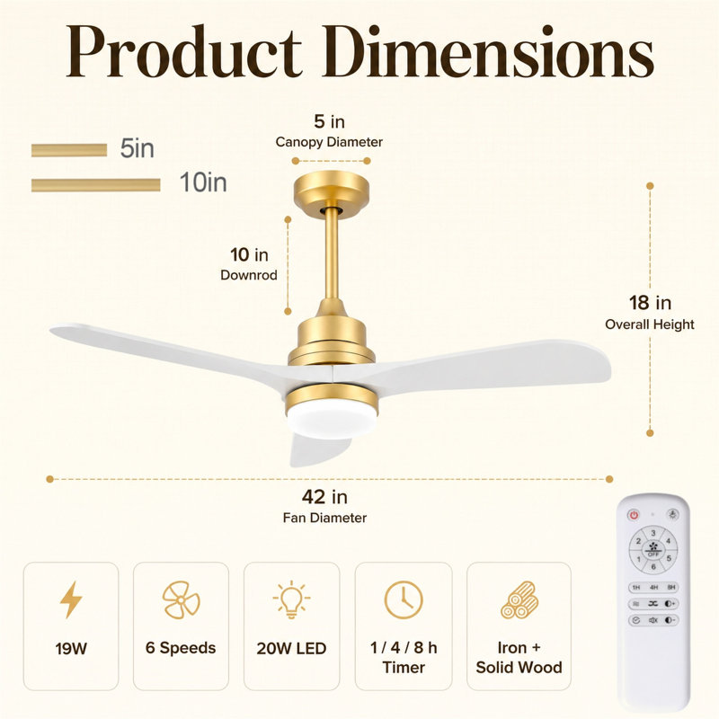 Ventilateur de plafond de 42 po, pales en bois massif avec cadre en métal, télécommande, moteur à courant continu réversible à 6 vitesses, intérieur et extérieur, ventilateur de plafond blanc, ventilateur de plafond à hélice, style Mid-Century moderne