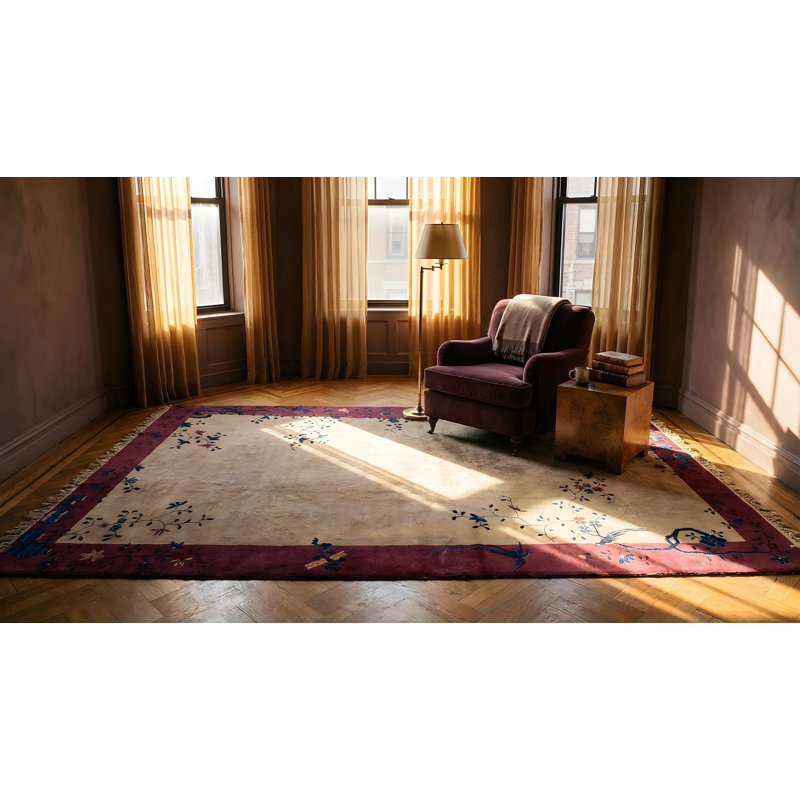 Antique Ivory Open Field Chinese Deco Knotted Wool Pile Area Rug
