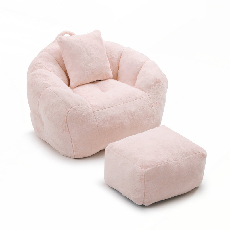 Fauteuil à billes avec repose-pieds, Fausse fourrure rose
