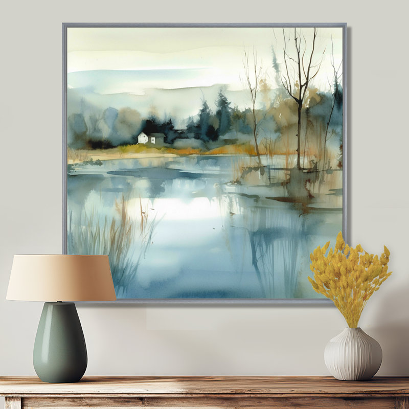 Summer Lake Landscape Illustration V - Lake, art mural, H 36 po x l 36 po x P 1,5 po, Cadre argenté flottant