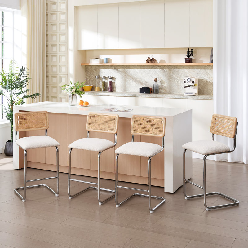 Tabouret de bar et de comptoir rembourré avec dossier en rotin Marlow, Blanc / Chrome, 4