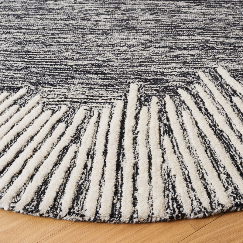 Tapis noir / ivoire en laine / coton touffeté à la main Janyla, Rond 6 pi