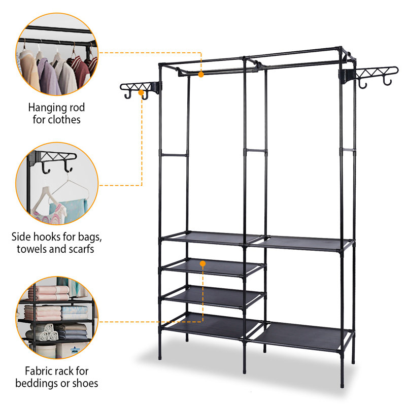 Black Heavy Duty Metal Garment Rack with Storage Shelves