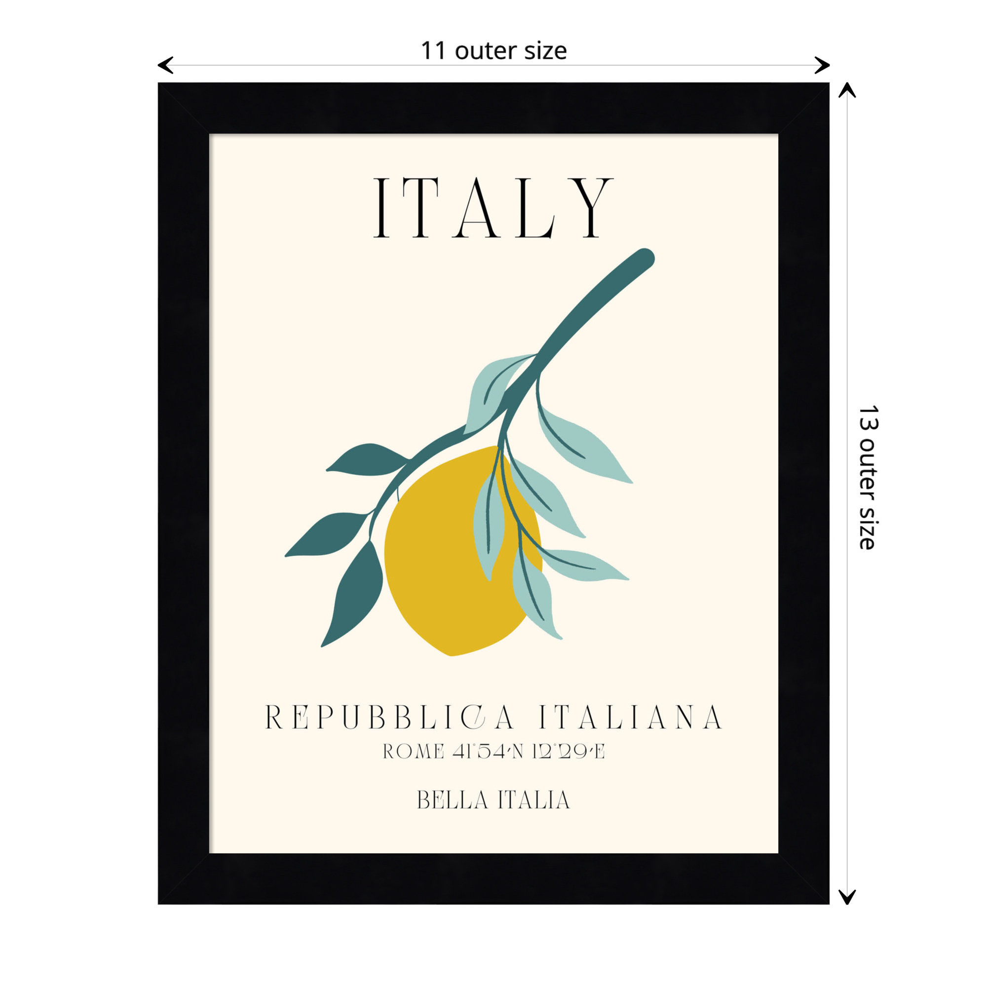 Italy Travel Poster Bella Italia by Chayan Lewis, 11" W x 13" H x 1" D, Black Framed