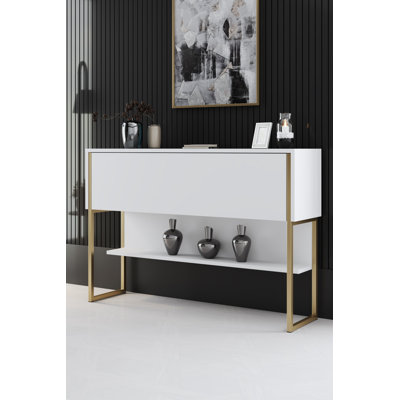 Commode moderne avec pieds en métal, or et blanc, 47,2 po x 31,5 po x 11,8 po | 100% panneau de particules enduit de mélamine, épaisseur: 0,7 pouce | Conception élégante pour les espaces glam et contemporains, solution de rangement robuste et élégante