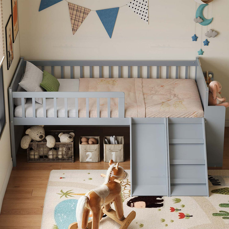 Lit plateforme simple avec tablette de rangement, glissoire et échelle, Gris