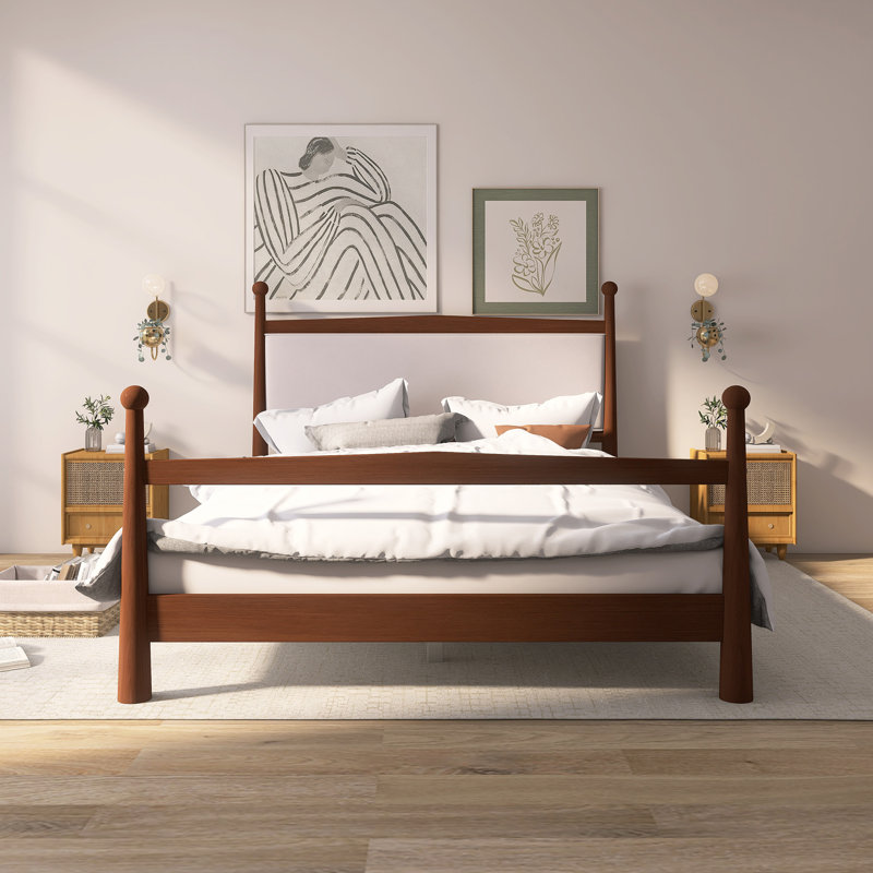 Mid-Centurv Modern Solid Pine Wood Platform Bed, Brown