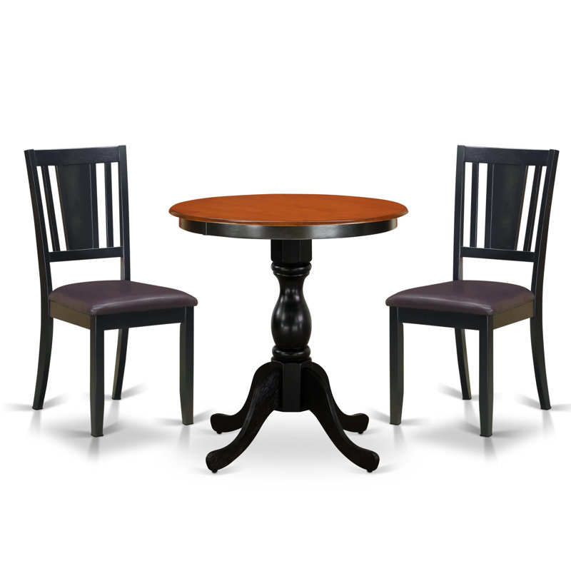 3 Piece Dining Set Contains a Round Dining Room Table with Pedestal and 2 Faux Leather Upholstered Chairs, 30x30 Inch, Black & Cherry