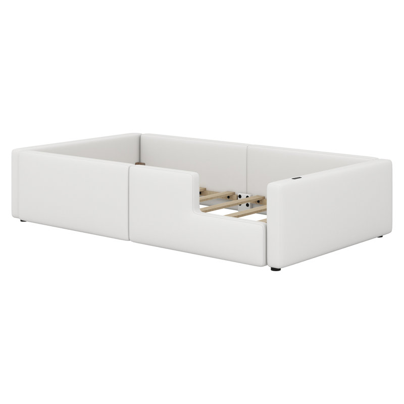 Upholstered Platform Bed With Guardrail And Charging Station
