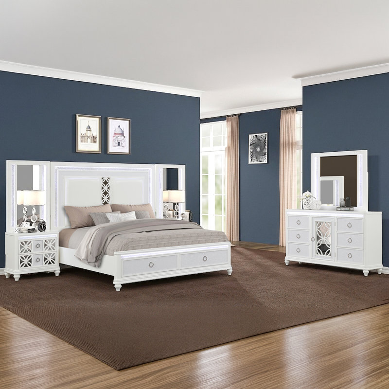 Ensemble de chambre à coucher tapissier à panneau moderne Ankara avec tête de lit à DEL, pied de lit à DEL, table de chevet à miroir et pièces assorties