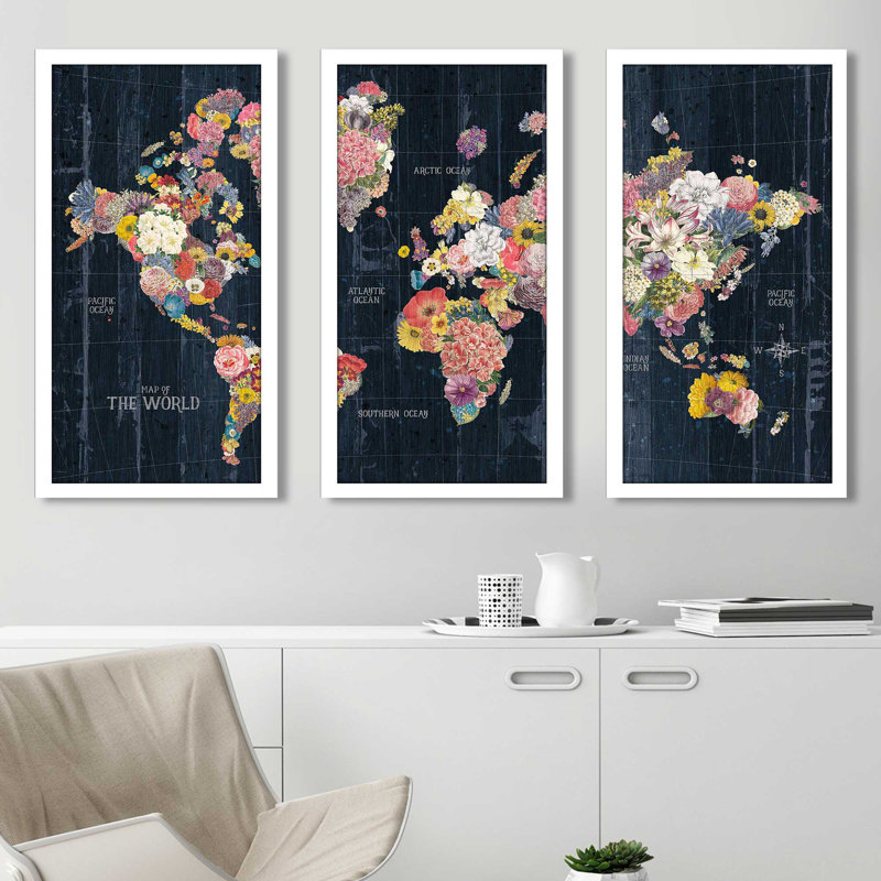 " Botanical Floral Map Words " 3 - Pieces, 40.5" H x 25.5" W x 1" D