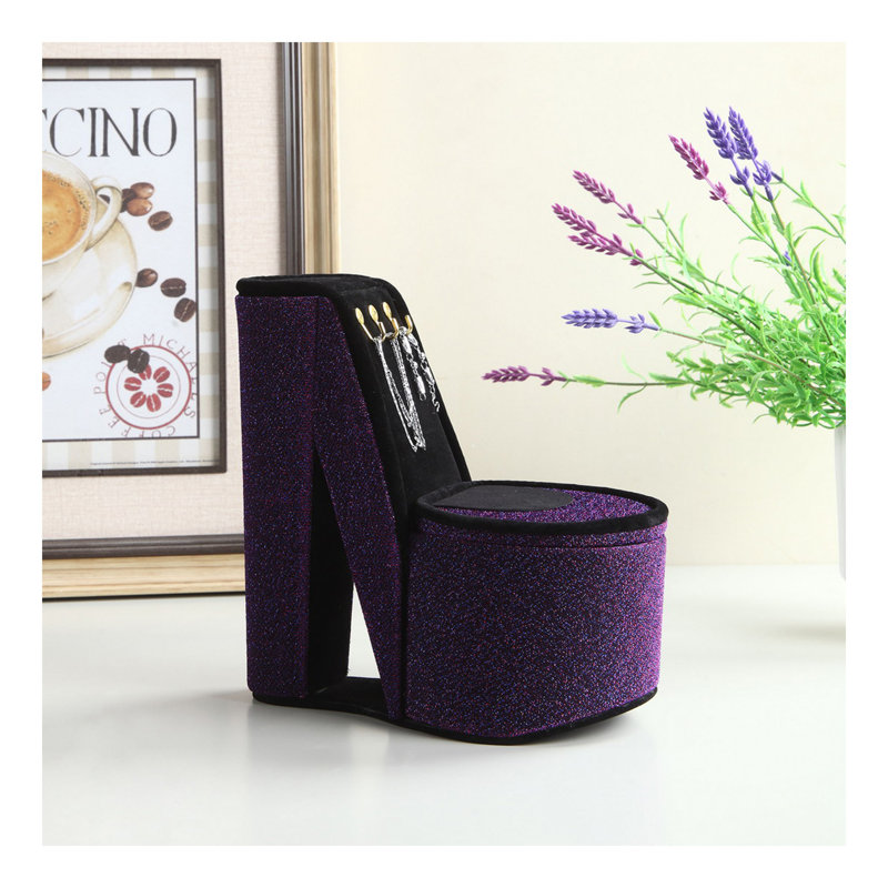 Boîte à bijoux de 9 po de hauteur avec crochets, chaussures à talons hauts, Mauve