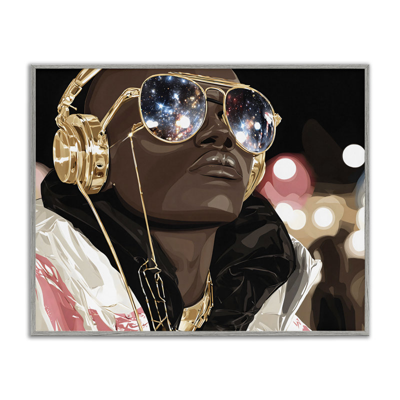 Abat-jour étoilé avec écouteurs, estampe numérique, design par Franklyn Gregory, 11 x 14, Farmhouse Grey Giclee Framed