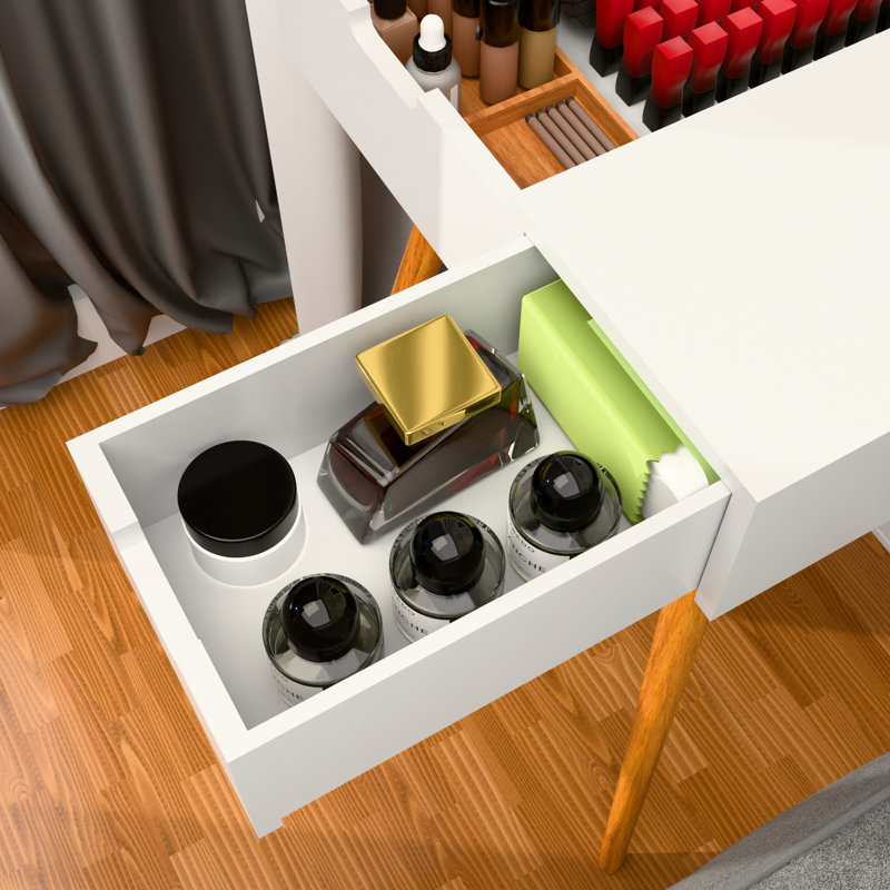 Table de coiffeuse avec miroir à DEL tricolore et grands compartiments de rangement, utilisation polyvalente dans le vestiaire de la chambre à coucher, tiroirs à petites lumières de fabrication blanche, convenant pour le maquillage, le bureau, le bureau à domicile,