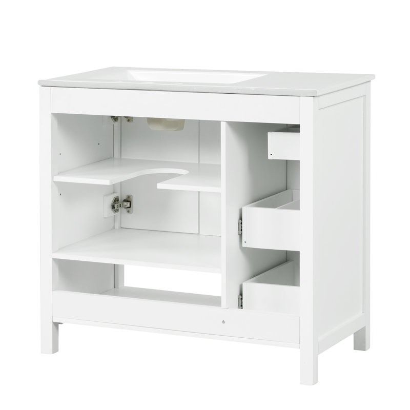 Meuble-lavabo moderne 36 po avec lavabo en céramique, armoire de rangement en bois massif avec tiroirs et tablette ouverte (blanc / noir / gris)