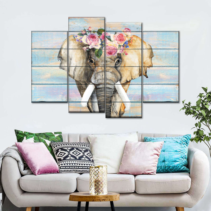 «African Elephant Elephant Floral Crown», reproduction sur toile 4 pièces par Daisy A, H 32 po x l 52 po x P 1,25 po