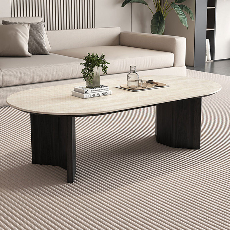 Table basse en pierre blanche avec pierre ovale, Noir, H 15,75 po x L 47,24 po x l 23,62 po
