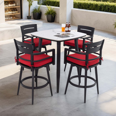 Modern 5PC Outdoor Patio Bar Set,Rounded Square Sintered Stone Table & 4 Swivel Bar Chairs,Non-Rust Aluminum Frame,Ember Black, Marble-Inspired Top,Bearing Swivel Plate,Tapered Legs,Sunbrella Cushion