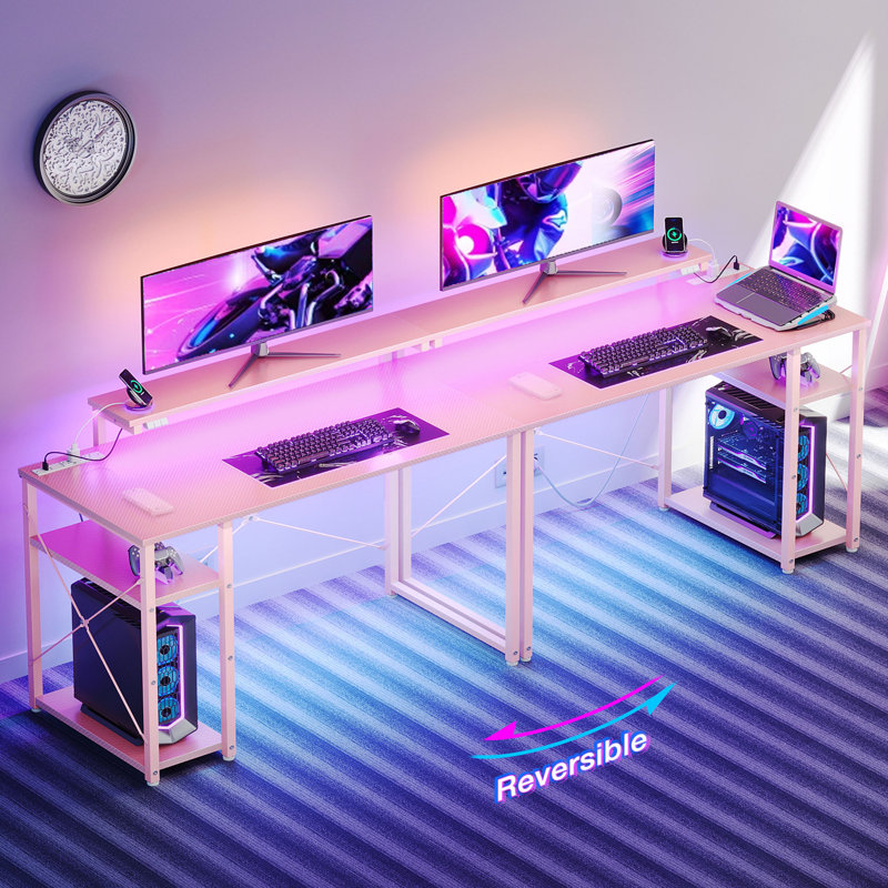 Gaming Desk With Led Lights, Home Office Desk With Recessed Power Outlet, Computer Desk With Spacious Shelves, Reversible Gamer Desk Table With Adjustable Monitor Stand & Headphone Hook