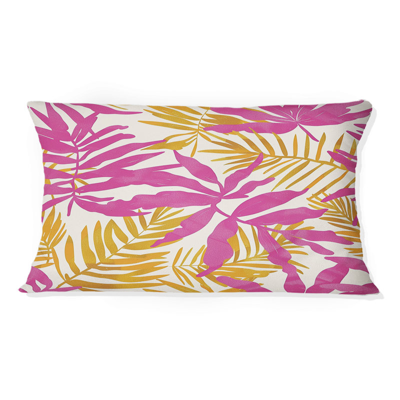 Coussin lombaire rose et jaune avec feuilles tropicales II