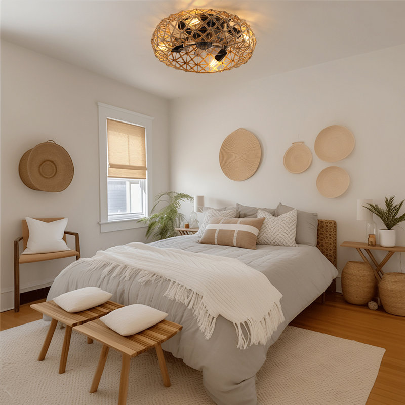 Ceiling-Mounted Jute Rope Fan Light Strip With 4 Bulbs, Dimmable, 7 Dlades, Reversible DC Motor