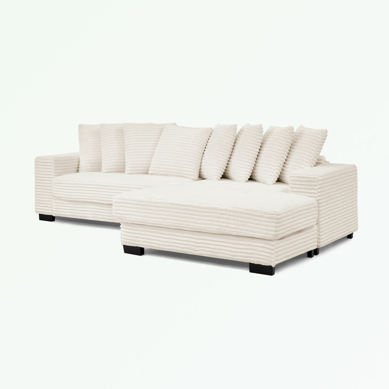 Corduroy L-Shaped Sectional Sofa with pillows and ottoman, Beige Corduroy